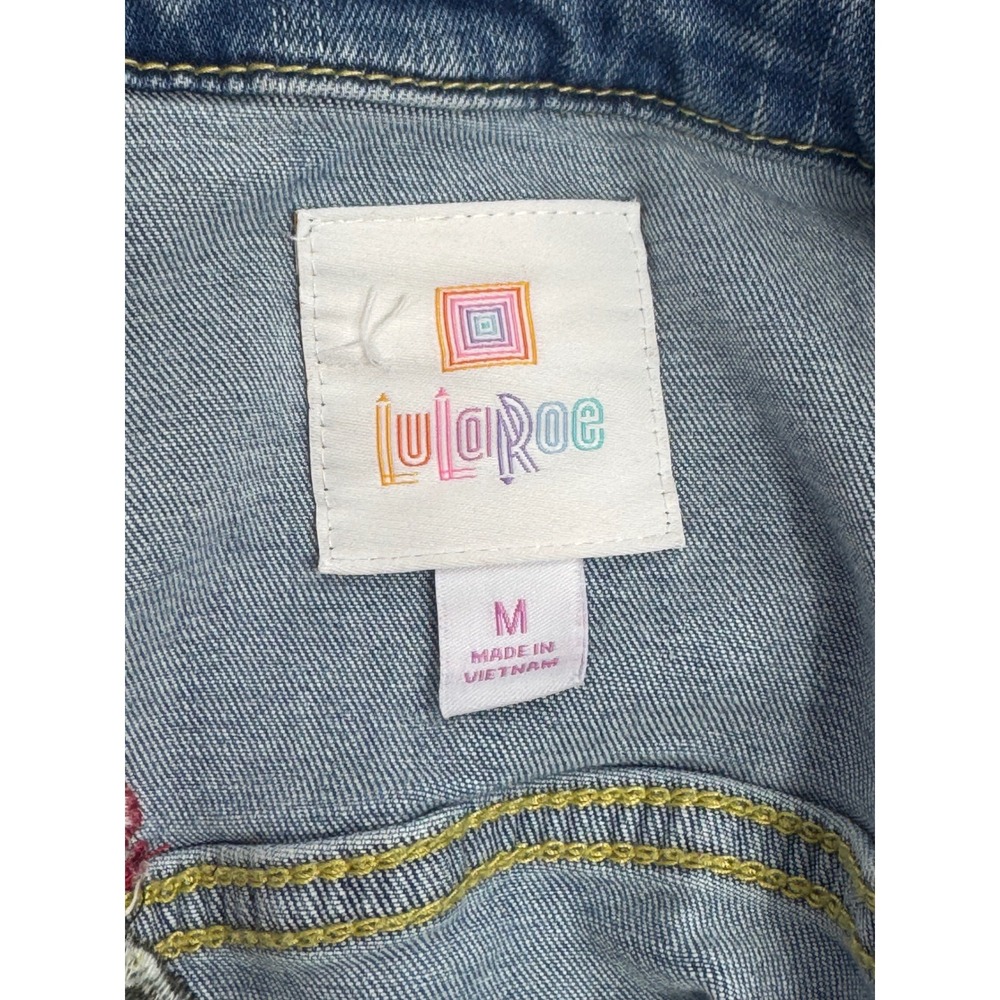 LuLaRoe Denim Jacket Womens M Blue Red Rose Floral Embroidered Stretch Jean Coat - Picture 7 of 10